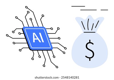 Chip de IA azul conectado a circuitos colocados cerca de una bolsa de dinero que simboliza la moneda. Ideal para avances tecnológicos, desarrollo de IA, crecimiento financiero, innovación económica y transformación digital