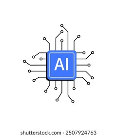 Un chip de IA azul rodeado de circuitos digitales sobre un fondo blanco, que representa la tecnología y la integración de la IA en la computación moderna, con un enfoque en aplicaciones de inteligencia artificial.