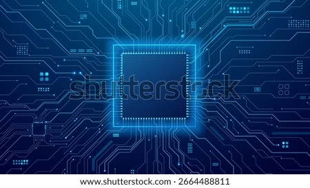 Blue AI chip on a circuit board concept. Technology background. Digital semiconductor with neon frame and thin line wires. Artificial Intelligence processor on tech bg. Futuristic vector illustration