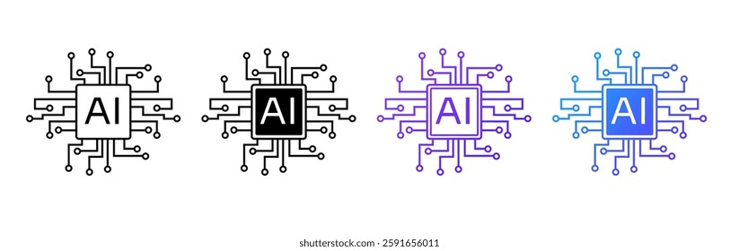 A blue AI logo with a minimalistic chip design, symbolizing neural networks, programming, and information flow in a futuristic and innovative style.