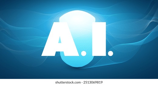 Blue AI, MI, Deep Learning and Future Technology Concept Design with Bold Letters of the Artificial Intelligence Acronym, Label and Robot Head - Concept For Web and Modern Technology Related Designs