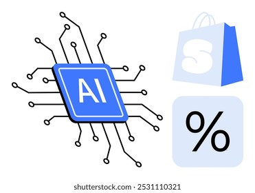 Um microchip de IA azul, uma sacola de compras com um logotipo S e um símbolo de porcentagem Ideal para comércio eletrônico, tecnologia de varejo, integração de IA, previsões de vendas e designs de marketing digital Estilo vetorial limpo