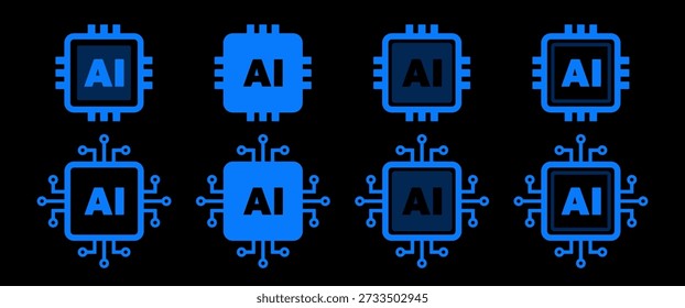 Blue AI technology icons featuring modern flat and outline styles. Ideal for UI, apps, dashboards, presentations, and technology branding. Fully editable vector for commercial use.