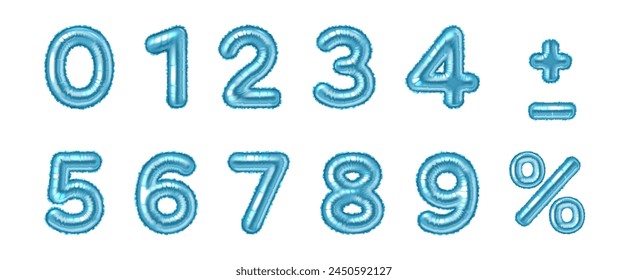 Blue air balloon numbers and math signs realistic vector illustration set. Sparkling party decor 3d models on white background collection