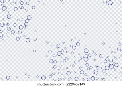 Burbujas de aire azul, oxígeno, champán transparente, aislado en un fondo transparente de diseño moderno. Ilustración vectorial de la EPS 10.