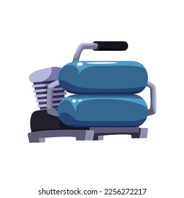 Blue air compressor vector illustration. Vector illustration of pneumatic equipment for construction works. Cartoon machine with pump, tank of gas under pressure, rotary engine isolated on white. Duct