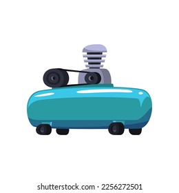 Blue air compressor. Vector illustration of pneumatic equipment for construction works. Cartoon machine with pump, tank of gas under pressure, rotary engine isolated on white. Duct system concept