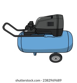 Blue air compressor vector illustration isolated on white background. Air compressor with side view, mechanic, maintenance, service tool equipment