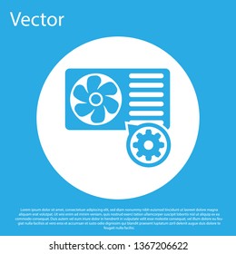 Blue Air conditioner and gear icon isolated on blue background. Adjusting app, service concept, setting options, maintenance, repair, fixing. White circle button. Vector Illustration
