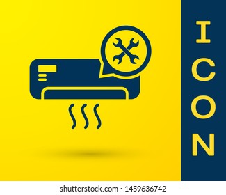 Blue Air conditioner with screwdriver and wrench icon isolated on yellow background. Adjusting, service, setting, maintenance, repair, fixing.  Vector Illustration