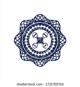 Icono de dron de aire azul dentro del sello de goma con textura de grunge. 