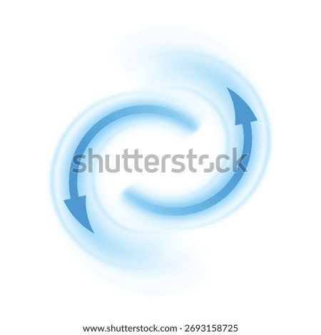 Blue air flow arrows, direction of movement, cooling vortex flow. Wind, air conditioner. Frosty wave effect. Whirlpool, energy, ventilation. Vector illustration. Isolated background. Icon.