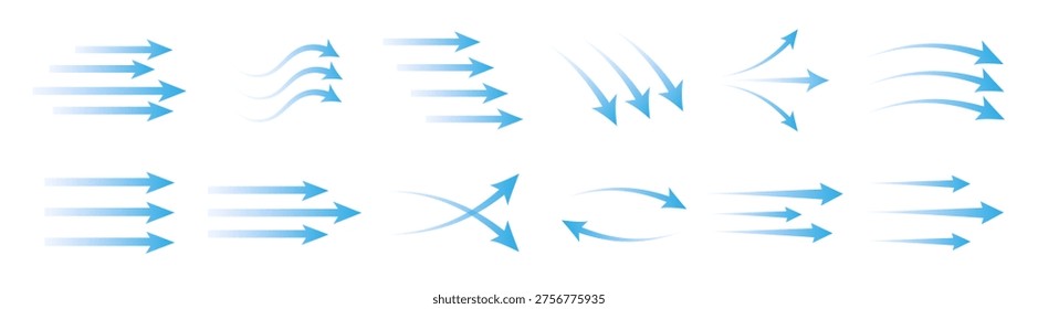 Blue air flow arrows set, wind direction stream swirls, ventilation and cooling motion vector elements on transparent background