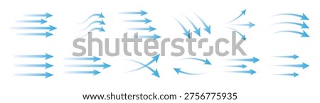 Blue air flow arrows set, wind direction stream swirls, ventilation and cooling motion vector elements on transparent background