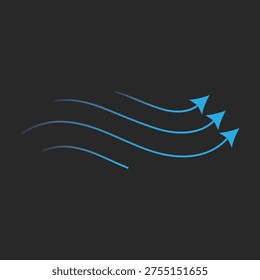 Blue air flow arrows, wind direction stream swirls, ventilation and cooling motion vector illustration on dark background