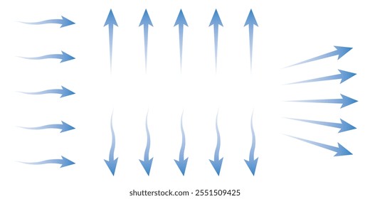 Blue air flow icon vector set isolated on white background. set of different type of air flow direction.