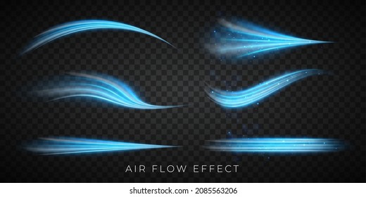 Blue air flow wave effect set. Design element for visualizing air or water flow. Isolated on transparent background.