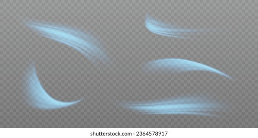 Blauer Luftstrom-Effekt-Set. Design-Element zur Visualisierung von Luft- oder Wasserströmen. Einzeln auf transparentem Hintergrund.	
