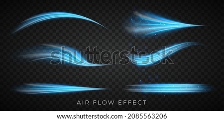 Blue air flow wave effect set. Design element for visualizing air or water flow. Isolated on transparent background.