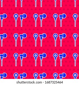 Blue Air headphones icon icon isolated seamless pattern on red background. Holder wireless in case earphones garniture electronic gadget.  Vector Illustration