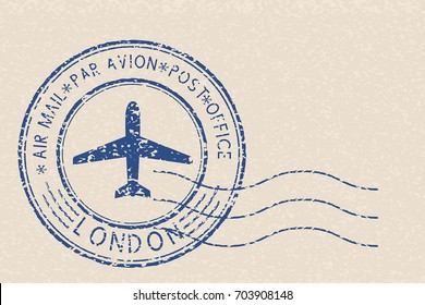 Blue air mail postmark with LONDON title on beige background. Vector illustration