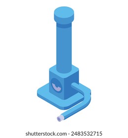Blue air pump standing on a square base with its hose connected, isolated on white background