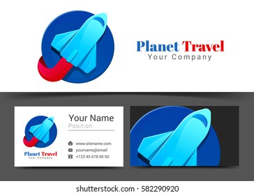 Blue Aircraft Airplane Travel Tourism Corporate Logo and Business Card Sign Template. Creative Design with Colorful Logotype Visual Identity Composition Multicolored Element. Vector Illustration.