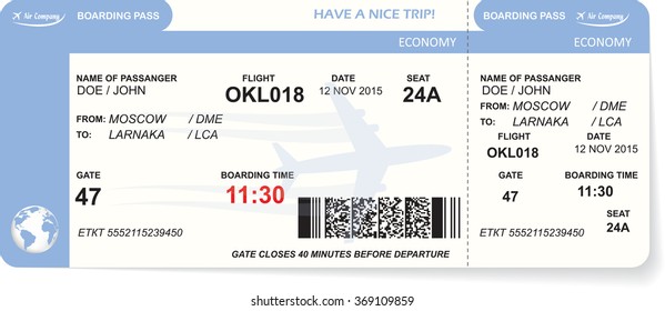 Blue Airline Boarding Pass Ticket Stock Vector (Royalty Free) 369109859 ...