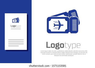 Blue Airline ticket icon isolated on white background. Plane ticket. Logo design template element. Vector Illustration