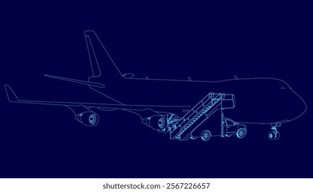 Blue airplane with a blue background. The airplane is a jetliner with a blue design