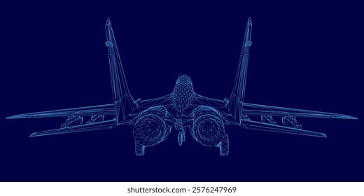 Blue airplane with a blue background. The airplane is in the middle of the image. The image is a computer generated image