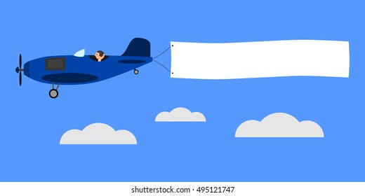 Blue airplane with banner for text. Vintage plane with pilot is flying above clouds. Isolated vector illustration.