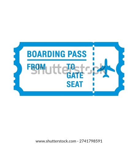 Blue airplane boarding pass ticket with text and plane icon