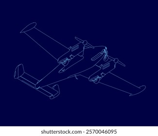 Blue airplane is drawn in blue. The airplane is a biplane with two engines. The airplane is in the air and is flying
