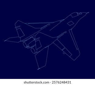 Blue airplane is drawn. The plane is a fighter jet. The image is of a blue background. Isometric view