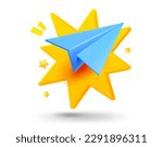 Blue airplane with explosion effect. 3d vector mobile application icon with notification
