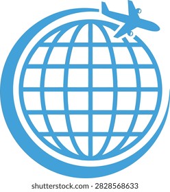 Blue airplane flying around globe icon symbolizing travel concepts. Air travel, aviation, global logistics, tourism, and international transport ideas.