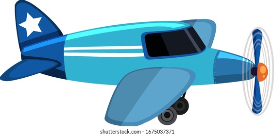 Blue airplane flying on white background illustration