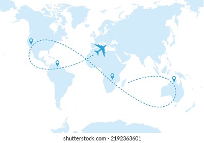 A blue airplane flying over a blue world map. Dashed route line and stop icons. Vector illustration