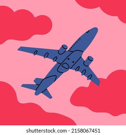 Blue airplane flying in the pink sky. Silhouette of passenger plane. Vacation, fast travel, transportation concept. Hand drawn Vector illustration. Card, icon, logo, poster template. Cartoon style