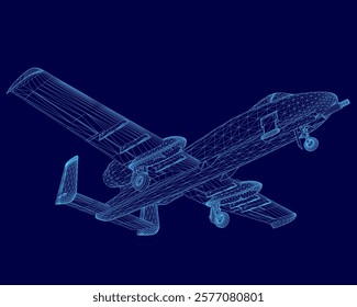 Blue airplane is flying in the sky. The image is a computer-generated rendering of the plane