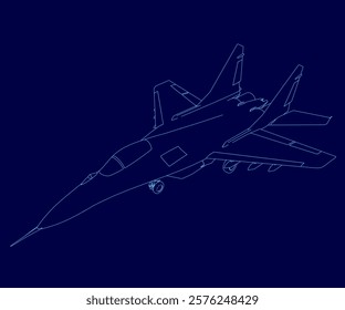 Blue airplane is flying in the sky. The plane is a fighter jet