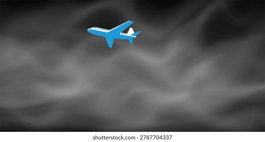 Blue airplane icon flying through thick white smoke or clouds on a dark background. Minimalist vector illustration of flight, turbulence, or air travel concept.
