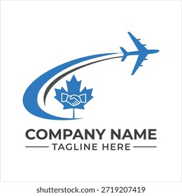 Concepto de logotipo de avión azul, hoja de arce y apretón de manos para viajes de negocios canadienses