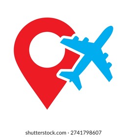 Blue airplane on red map pin icon