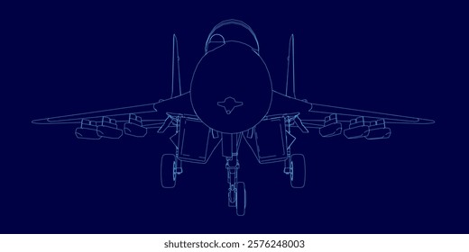 Blue airplane outline. The image is a computer generated drawing of a jet. The jet is in the middle of the image and is the main focus. Front view