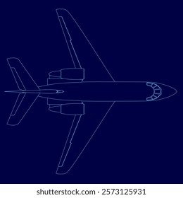 Blue airplane outline. The plane is shown in a blue drawing. The plane is a jet and is shown in a very detailed manner