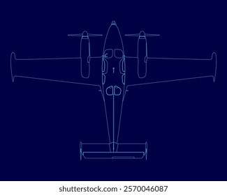 Blue airplane with a blue outline. The airplane is a small propeller plane. The image is a drawing of the plane