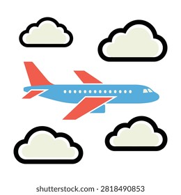 A blue airplane with red wings flies through a series of fluffy white clouds in the sky