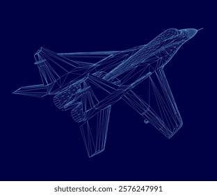 Blue airplane is shown in a blue background. The airplane is a fighter jet. The image is a computer generated image